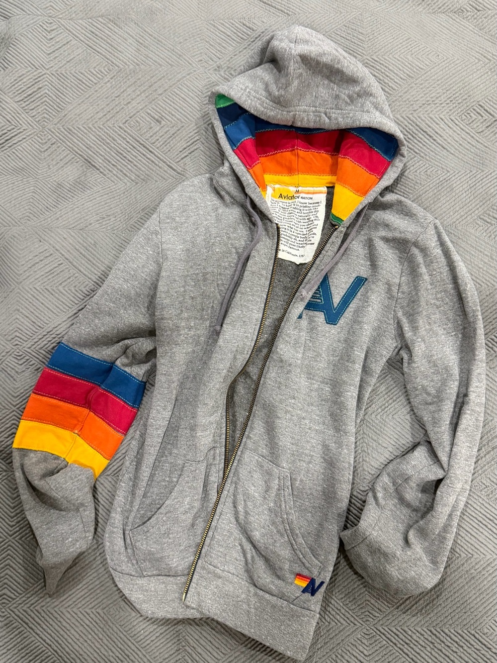 Aviator Nation Gray Zip Hoodie with Rainbow Stripe M